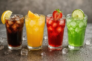 Colorful refreshing iced drinks variety.