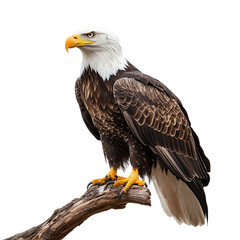 A majestic bald eagle perched on a branch, displaying its power and grace. The eagle is known for its distinctive white head and brown body. The image showcases the beauty of nature