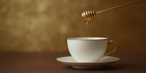A white cup sits on a saucer as honey drips from a honey dipper above it. Warmth, luxury, simplicity