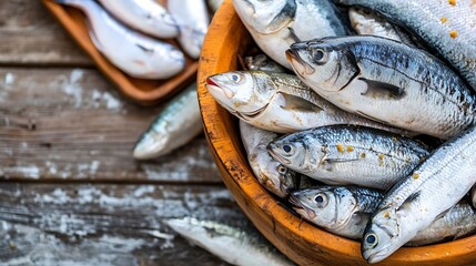 Freshly caught silver fish in a wooden bowl, displayed on a rustic wooden surface with additional fish on a nearby tray.  A detailed close-up showcasing the scales and texture of the f : Generative AI