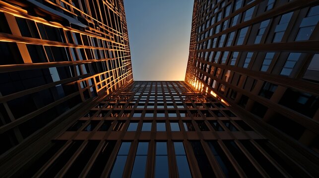 Modern architecture at sunset, showcasing two towering buildings with geometric facades and reflective windows, bathed in warm golden light. : Generative AI