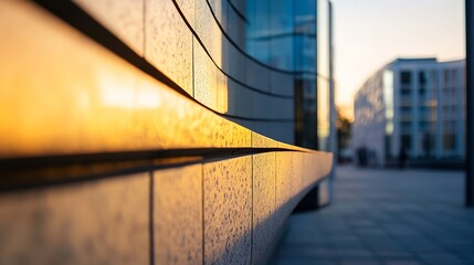 Obraz premium Golden sunset light illuminates modern building facade, showcasing textured stone panels and sleek glass windows. Architectural detail at dusk. : Generative AI