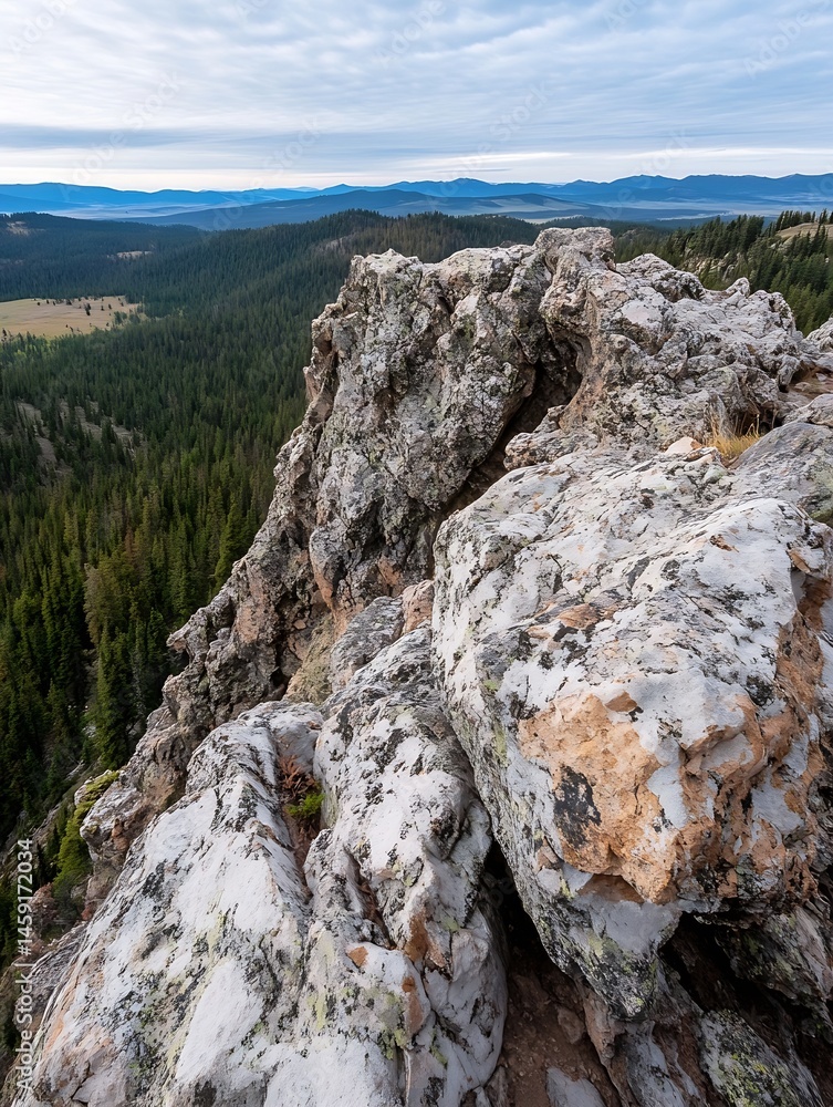 Aufkleber majestic mountain vista: a panoramic view of a rocky outcrop overlooking a vast evergreen forest and