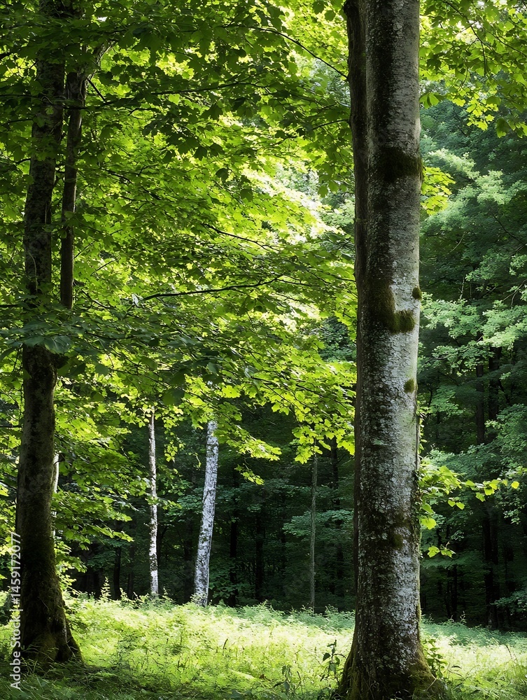 Fototapete Sunlight filters through lush green canopy in a dense forest, illuminating the forest floor and highlighting the textures of tree trunks and moss. : Generative AI