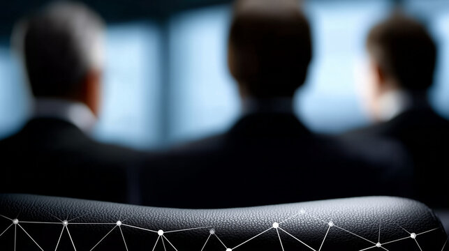 Silhouettes of Business Professionals in Blue Tone with Abstract Network Background
