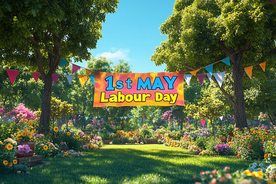 1st May Labour Day Banner in Serene Park Surrounded by Flowers and Flags

