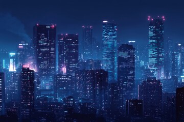 Fototapeta premium Futuristic city skyline at night, illuminated with vibrant neon lights. Tall buildings and structures in a stylized graphic design
