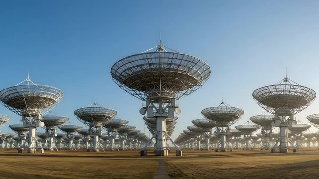 Large satellite dishes in observatory tracking celestial signals for space communication technology