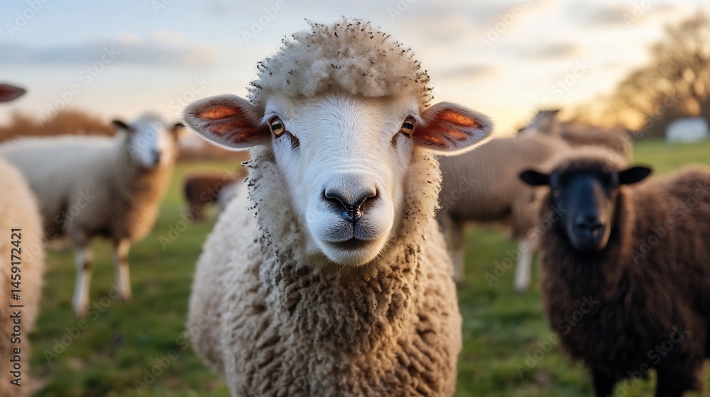 Poster close-up portrait of a fluffy white sheep in a field at sunset, other sheep blurred in the backgroun