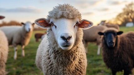 Fototapeta premium Close-up portrait of a fluffy white sheep in a field at sunset, other sheep blurred in the background. The sheep looks directly at the camera. : Generative AI