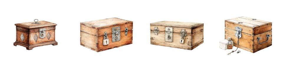 Collection of Vintage Wooden Treasure Chests and Storage Boxes