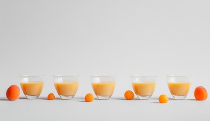 Five glasses of apricot juice, accented with fresh apricots and small round fruits