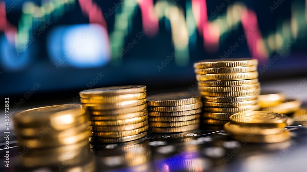 Poster close-up of stacked gold coins against a blurred background of financial charts, illustrating growth