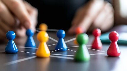 Obraz premium A person's hands subtly adjust a network of colorful game pieces, representing interconnectedness and strategic planning. The image depicts a complex system of relationships and colla : Generative AI