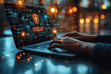 Woman using laptop, cybersecurity, night, bokeh background, data protection