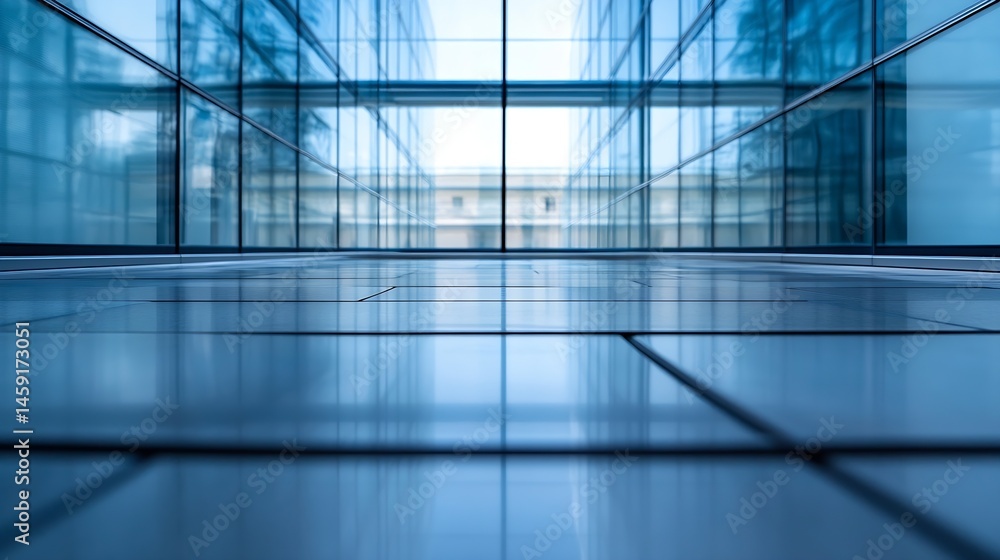 Aufkleber modern glass building interior hallway with reflective floor tiles, showcasing architectural design 