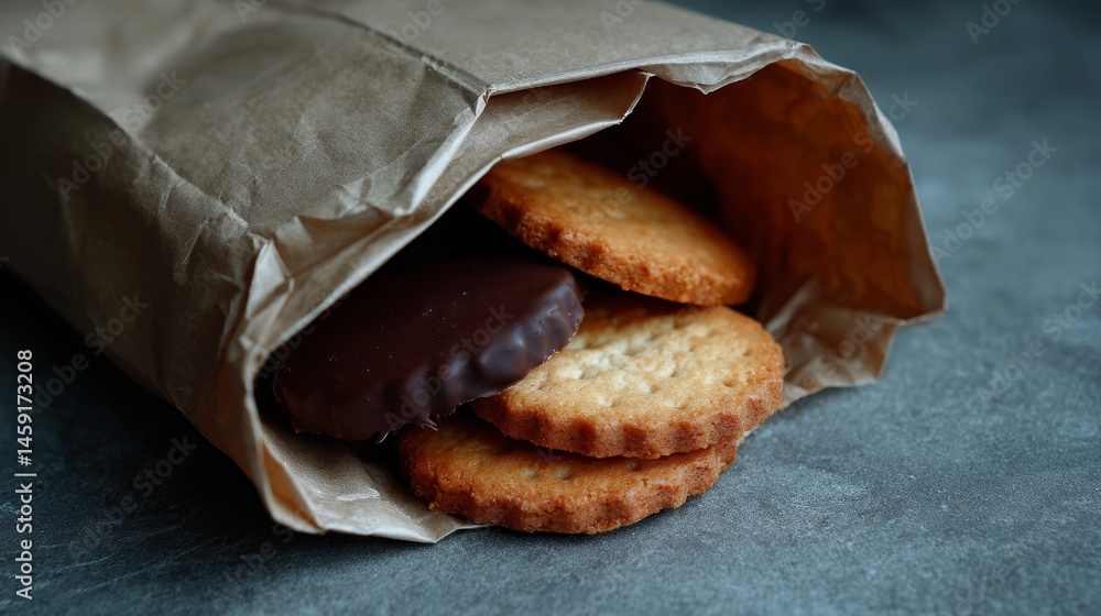 Poster three chocolate-dipped shortbread cookies are nestled in a folded kraft paper pouch, showcasing thei