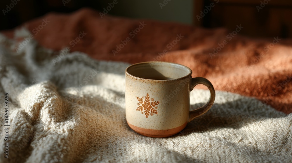 Poster ceramic holiday mug featuring a snowflake design sits on a textured wool blanket as gentle orange su