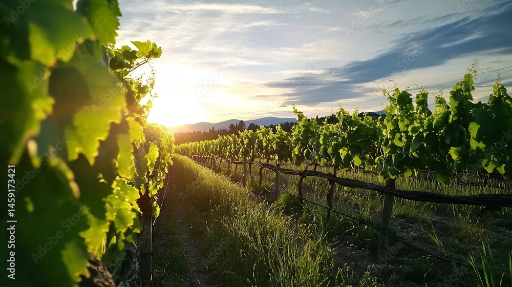 Poster sunset illuminates rows of vibrant green grapevines in a picturesque vineyard, bathed in the golden 