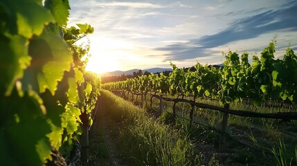 Fototapeta premium Sunset illuminates rows of vibrant green grapevines in a picturesque vineyard, bathed in the golden light of the setting sun, creating a serene and idyllic landscape. : Generative AI