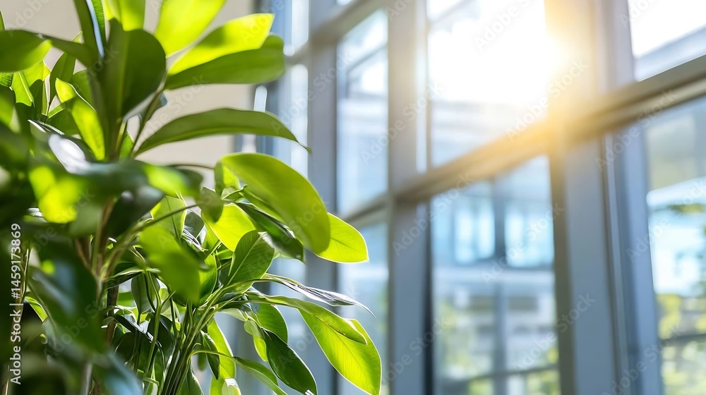 Poster vibrant green foliage of a houseplant basks in sunlight streaming through a modern office window, cr