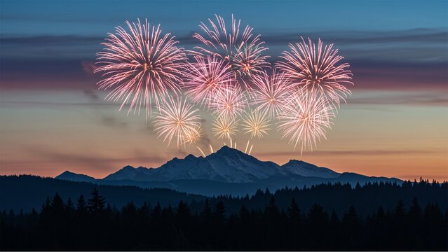 Fireworks Over Mountains at Sunset - Powered by Adobe