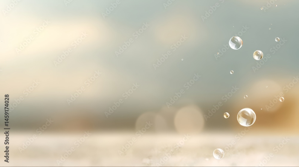 Poster delicate soap bubbles of varying sizes rise gracefully into the air, surrounded by soft pastel tones