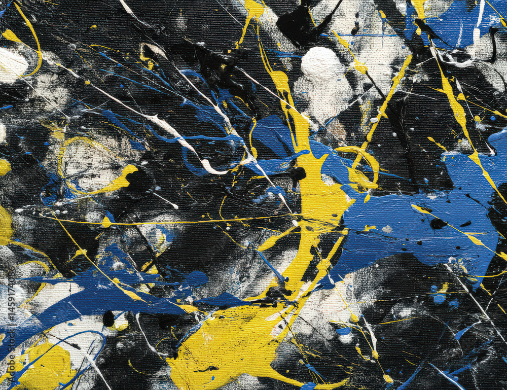 Fototapete abstract art painting with dynamic splashes of yellow, blue, and black paint on a textured canvas, c