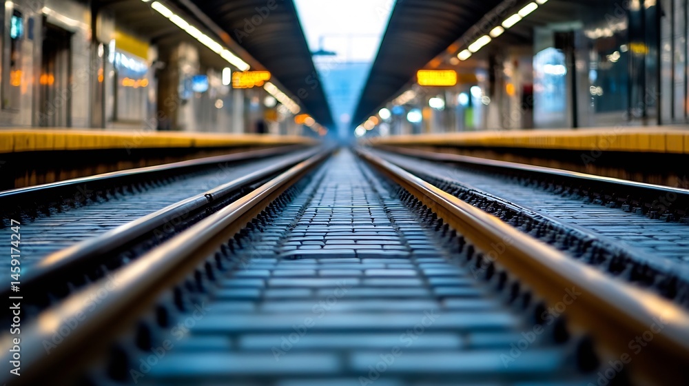 Poster train tracks receding into a blurred subway station, showcasing the perspective and depth of the rai