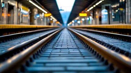 Train tracks receding into a blurred subway station, showcasing the perspective and depth of the railway system. : Generative AI