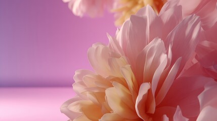 A single blooming flower is captured in close-up with a softly blurred foreground, complemented by a radiant pink and orange gradient backdrop, creating a dreamy mood