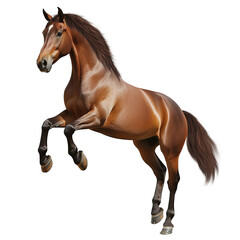 Obraz premium A majestic brown horse rearing up on its hind legs, showcasing strength and elegance. The horse has a sleek coat and flowing mane