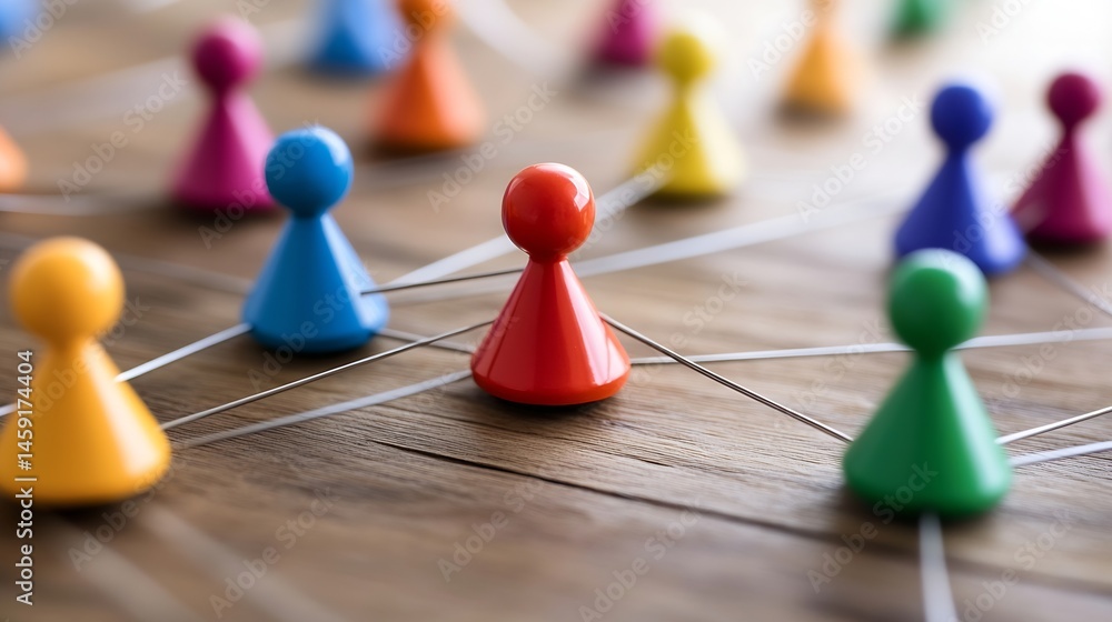 Poster Colorful game pieces interconnected on a wooden surface, representing a network or social connection.  A central red piece highlights a key node in the system. : Generative AI
