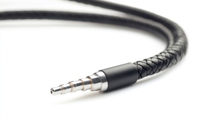 black spiral audio cable for professional electronic equipment devices and studio setups  Displaying intricate details and textures of the metal conductor and surroundings