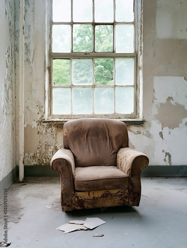 Aufkleber a weathered brown armchair sits alone in a dilapidated room, sunlight streams through a large, multi