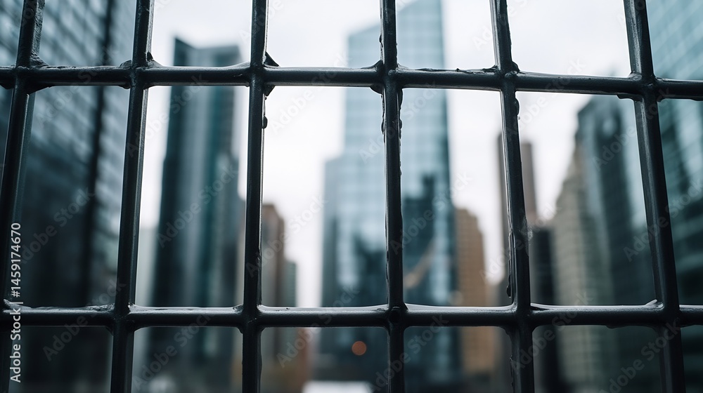 Poster A dark metal grid pattern is in the foreground, with a blurred cityscape of modern skyscrapers visible in the background, creating a sense of urban confinement. : Generative AI