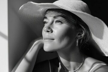 A monochromatic profile of an elegant woman with a hat, gazing off into the distance, beautifully lit with shadows enhancing her features and a thoughtful expression.