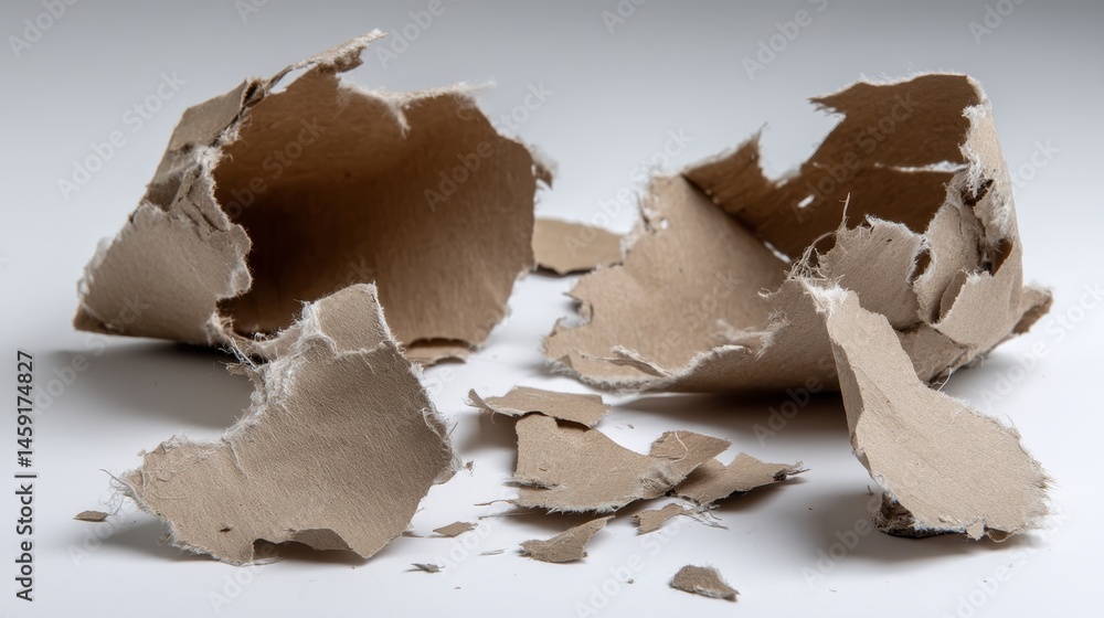 Aufkleber ripped fragments of kraft paper are artistically scattered across a clean white background, illumina