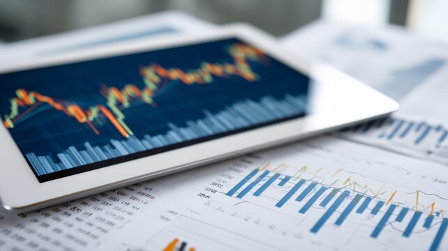 A digital tablet shows glowing stock graphs and candlestick charts while surrounded by floating data overlays, with ample copy space for text on the right