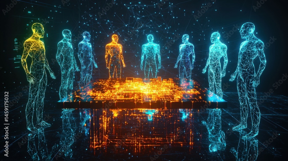 Poster abstract image depicting a network of interconnected digital figures in a futuristic scene.