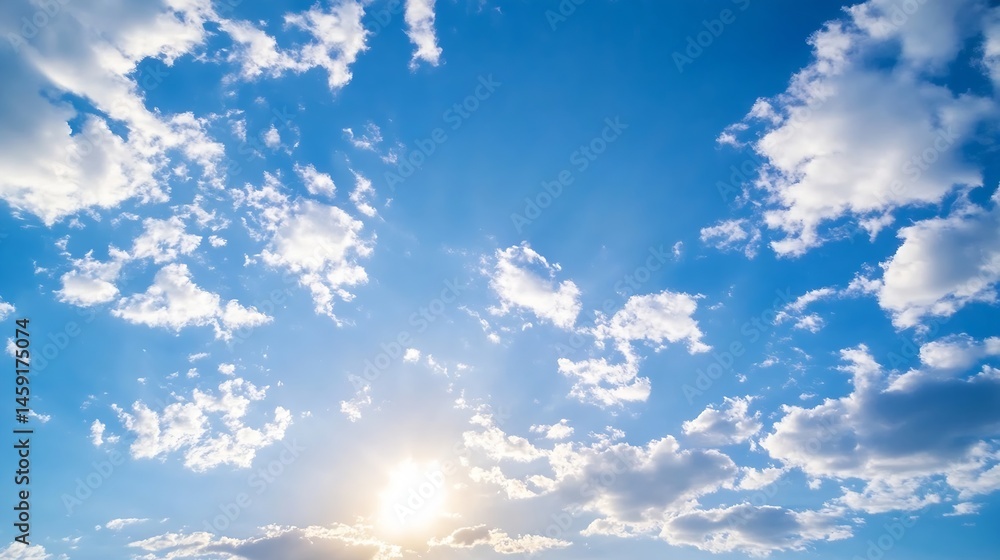 Aufkleber Bright sun shining through fluffy cumulus clouds in a vivid blue sky, creating a serene and peaceful atmosphere. : Generative AI