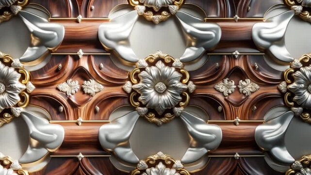 Seamless realistic pattern of Ai tiles crafted from precious wood, gold, and silver metal decor, high quality.