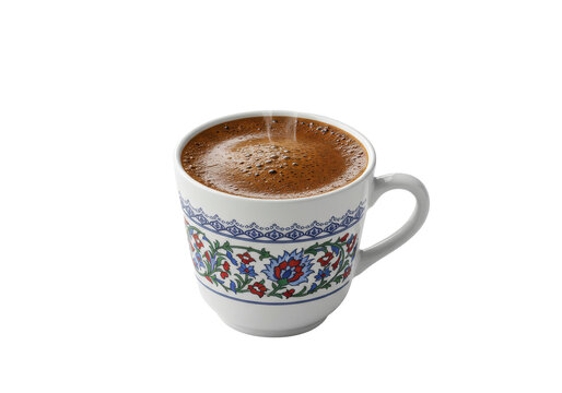Patterned mug filled with frothy Turkish coffee steaming against black backdrop - Powered by Adobe