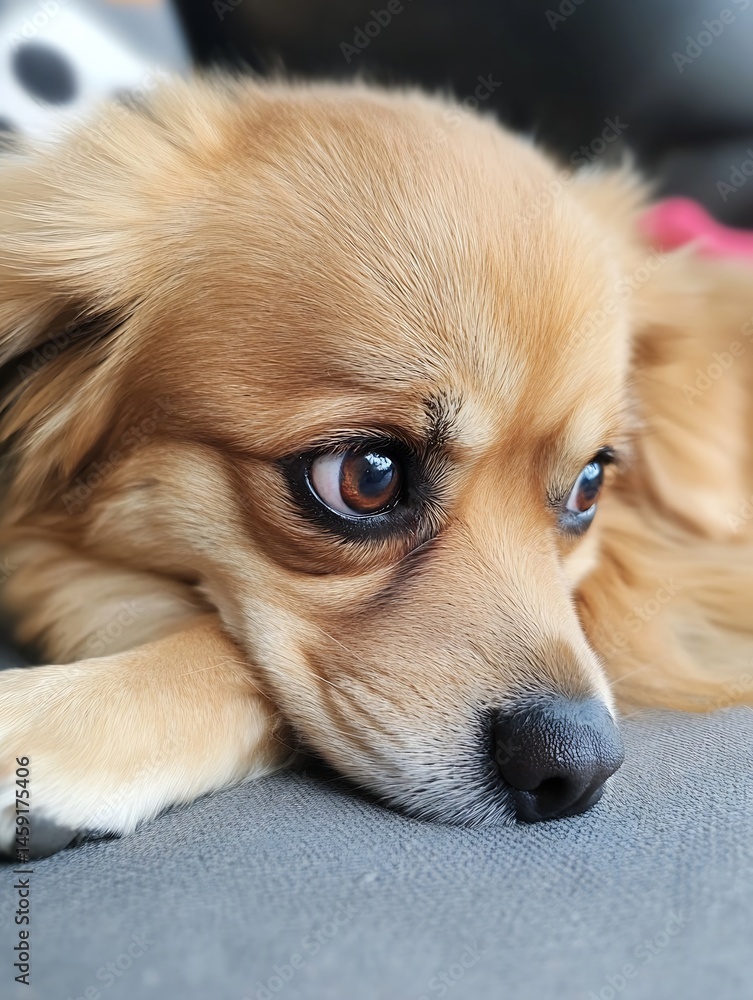Aufkleber close-up portrait of a small, light brown dog resting its head on a gray surface, showing its expres