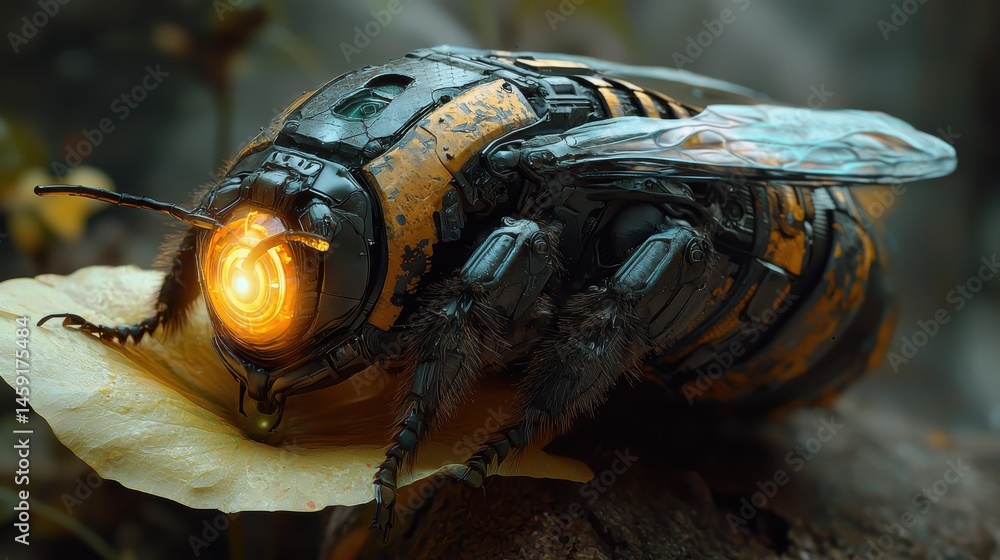 Poster intricate image showcasing a futuristic robotic bee with glowing eyes resting on a leaf.