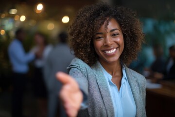 A confident businesswoman extending her hand toward the camera for a handshake, with a friendly, helpful gesture, symbolizing support and partnership