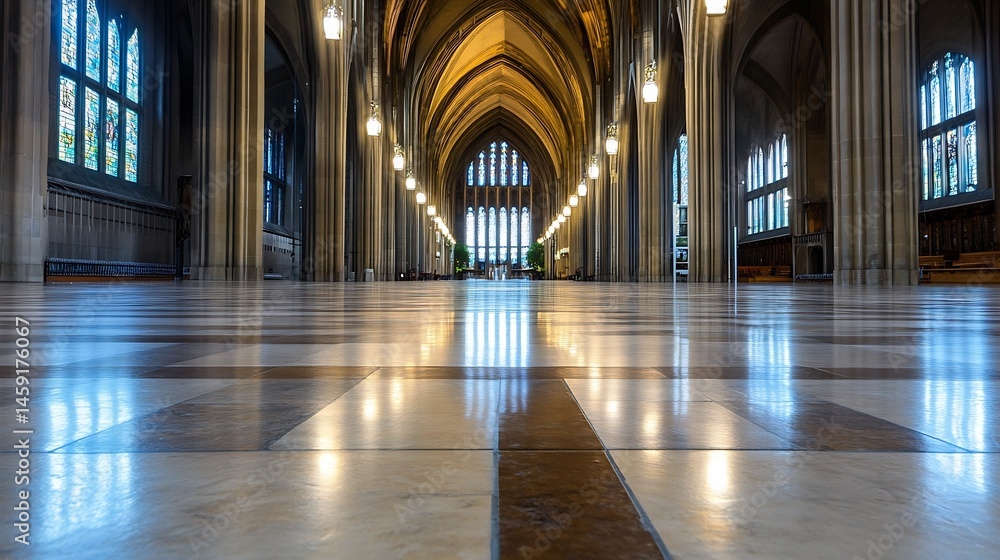 Poster a long, reflective marble floor stretches towards a large stained-glass window in a grand cathedral,