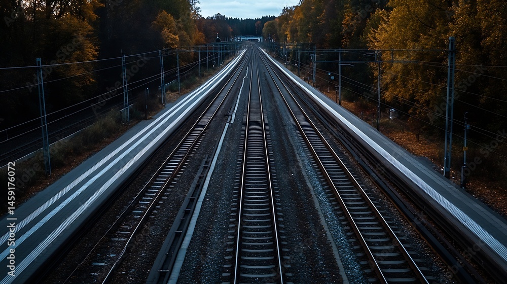Poster Elevated view of train tracks receding into autumnal forest, showcasing parallel lines and platforms, conveying a sense of journey and tranquility. : Generative AI