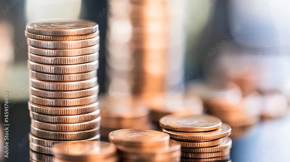 Aufkleber Close-up view of several stacks of copper coins, showcasing financial growth and wealth accumulation.  The coins are sharply focused, creating a detailed texture and reflecting light. : Generative AI