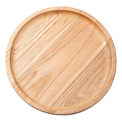 Round light wooden plate isolated on transparent background, top view, natural wood texture, empty rustic dish, PNG cutout for food presentation or design mockup